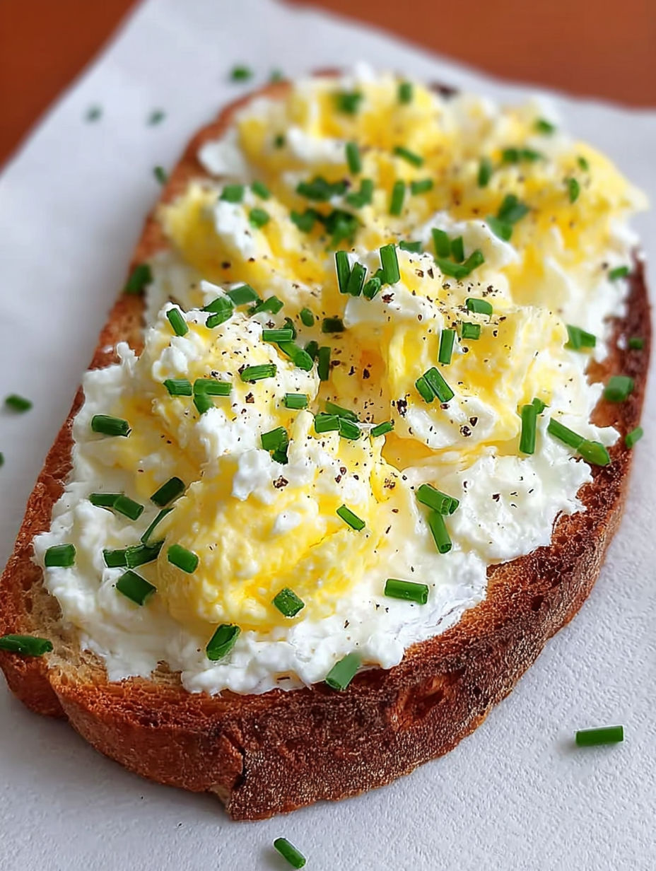 A slice of toast with eggs and cheese on top.