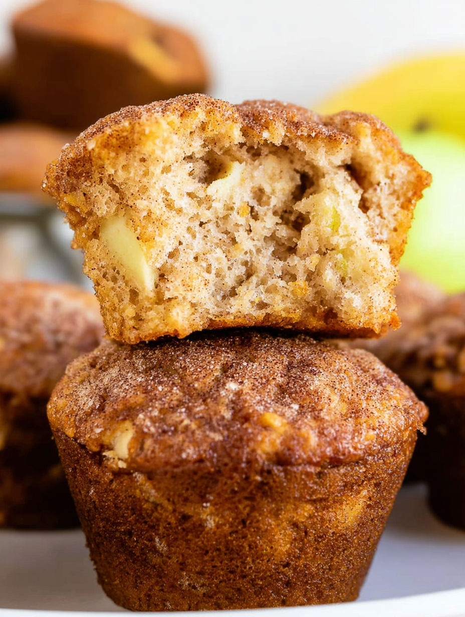 A muffin with cinnamon and apple toppings.