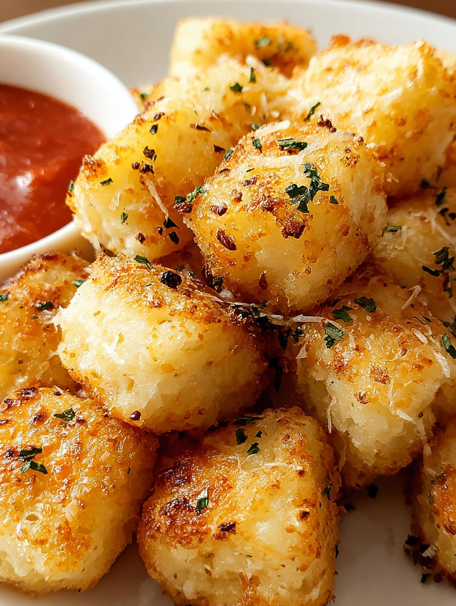A plate of Parmesan bread bites with a bowl of sauce.