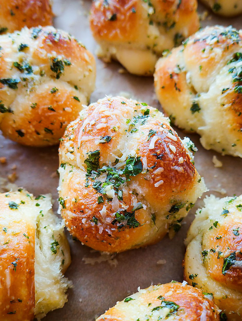 Homemade garlic knots on a table.