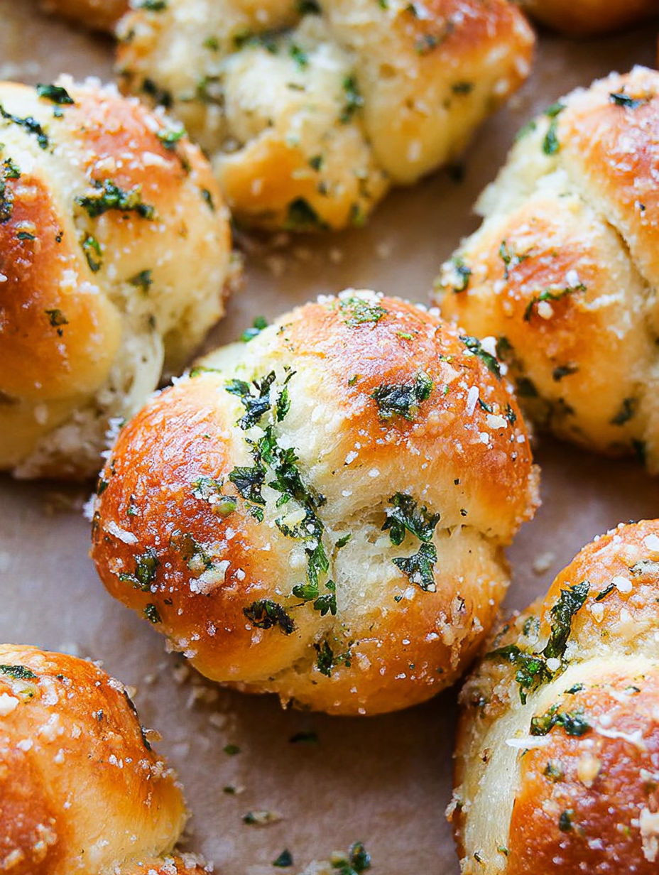 Homemade garlic knots on a table.