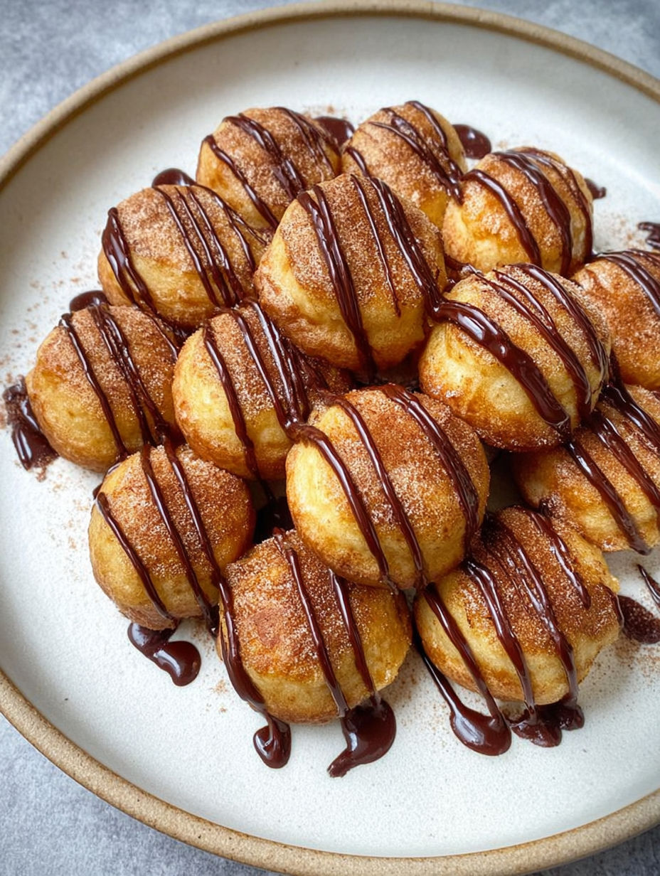 A plate of donuts with chocolate drizzled on top.