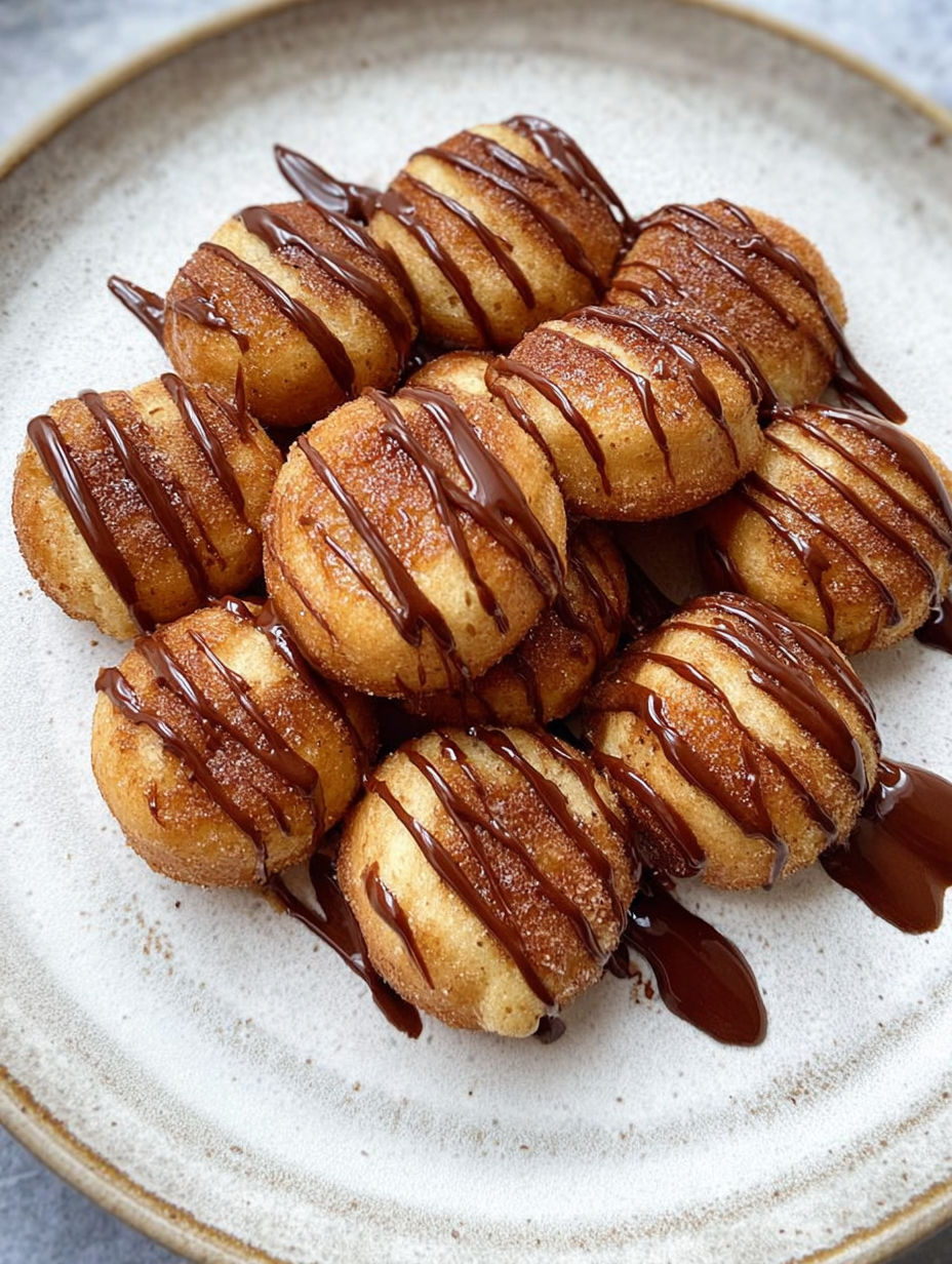 Air fryer donut bites with chocolate drizzle.