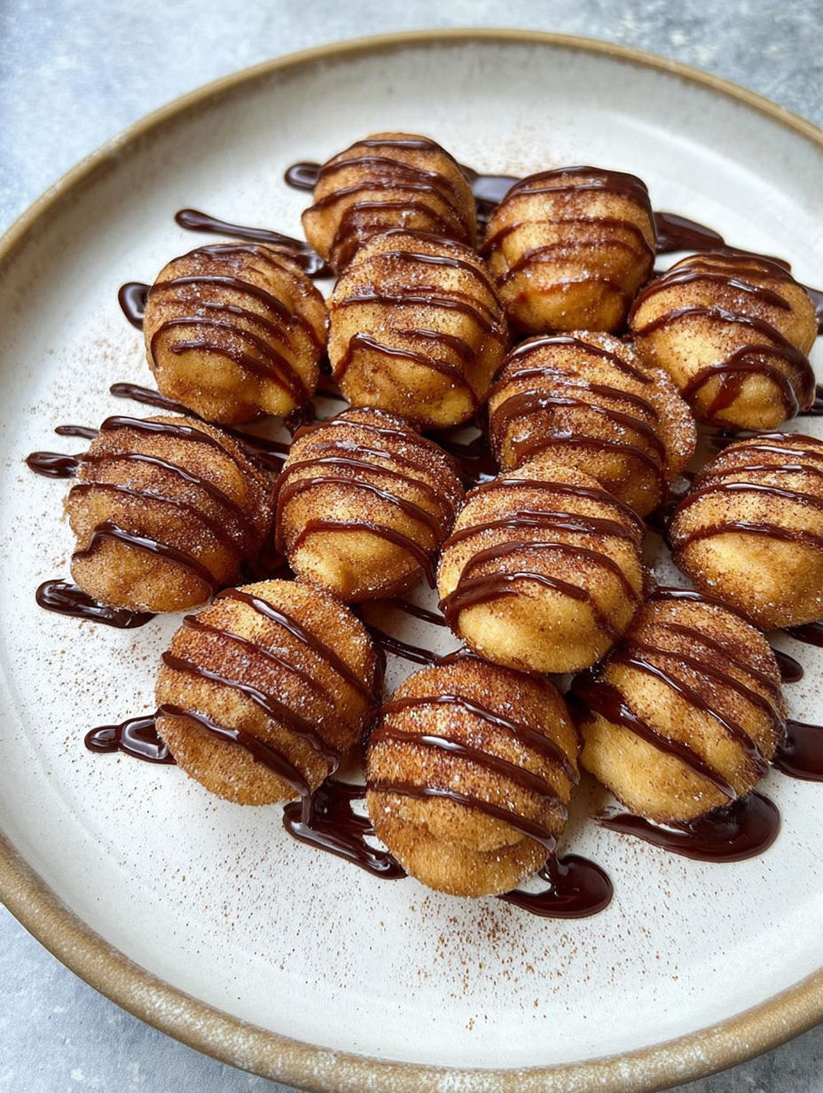 A plate of donut bites with chocolate drizzle.