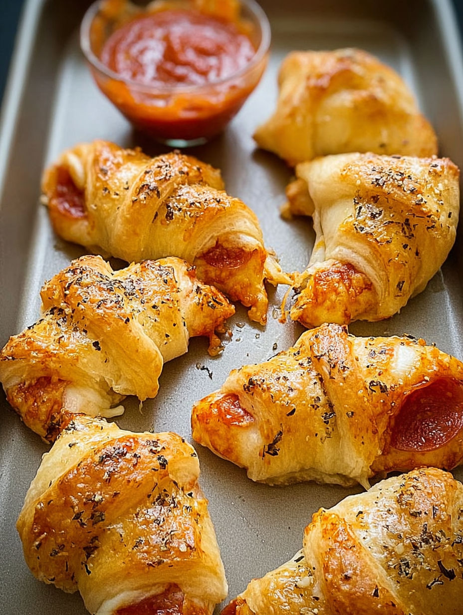 Pizza rolls on a tray.