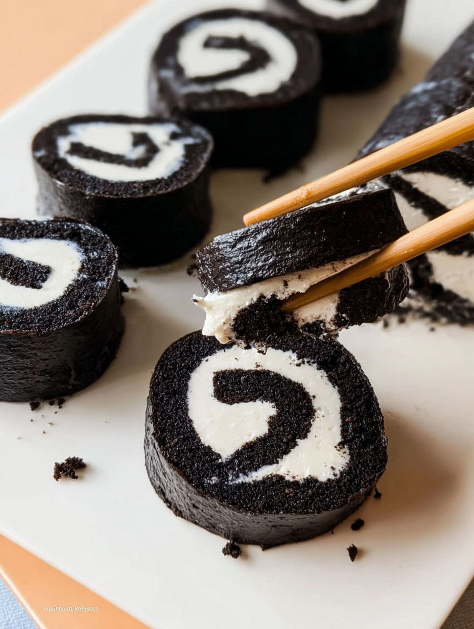 A white plate with a black Oreo cookie roll.