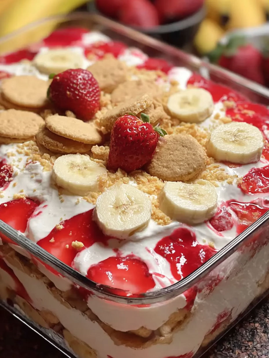 A close up of a delicious strawberry banana pudding dream.