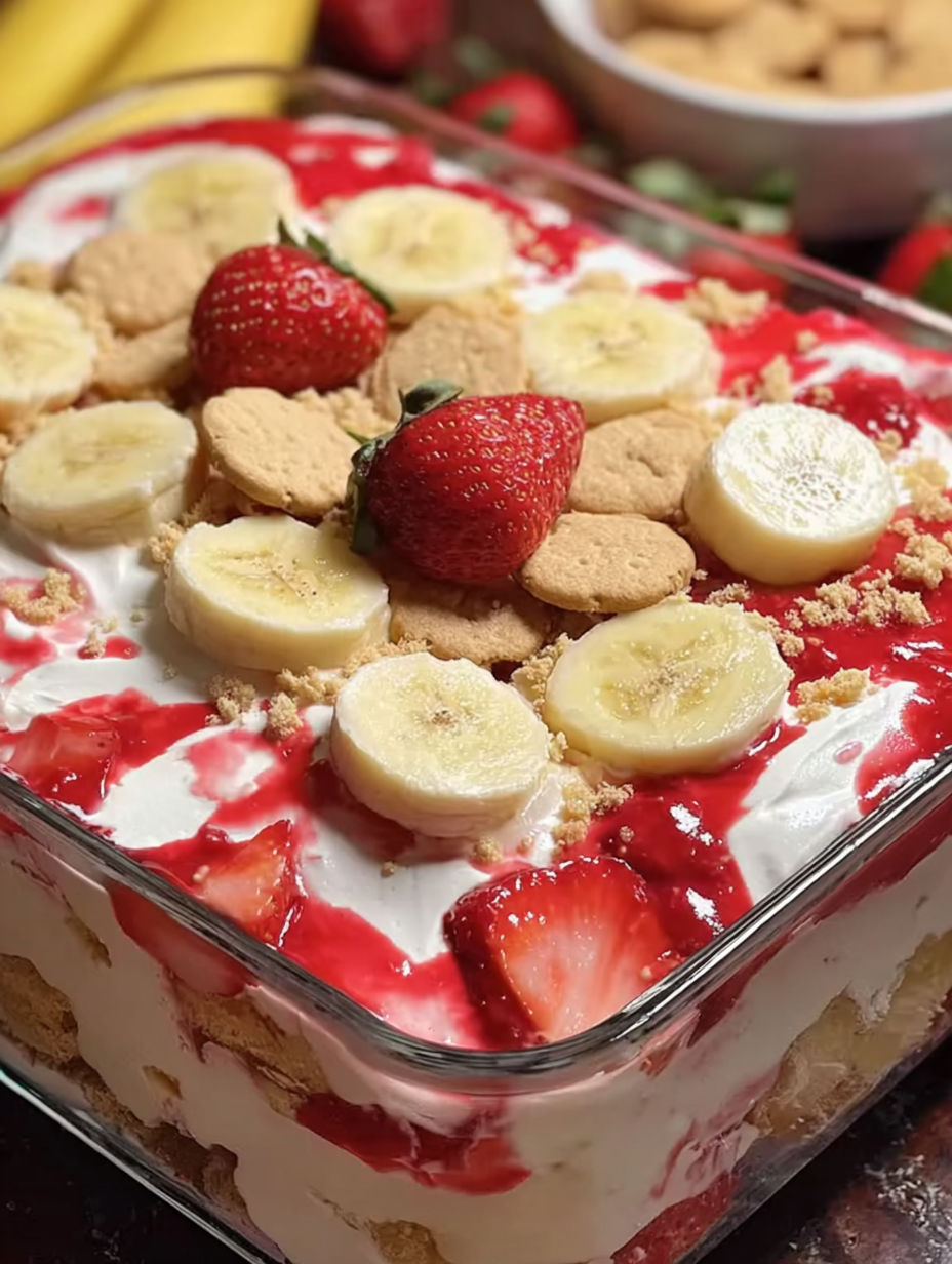 A close up of a dessert with bananas and strawberries.
