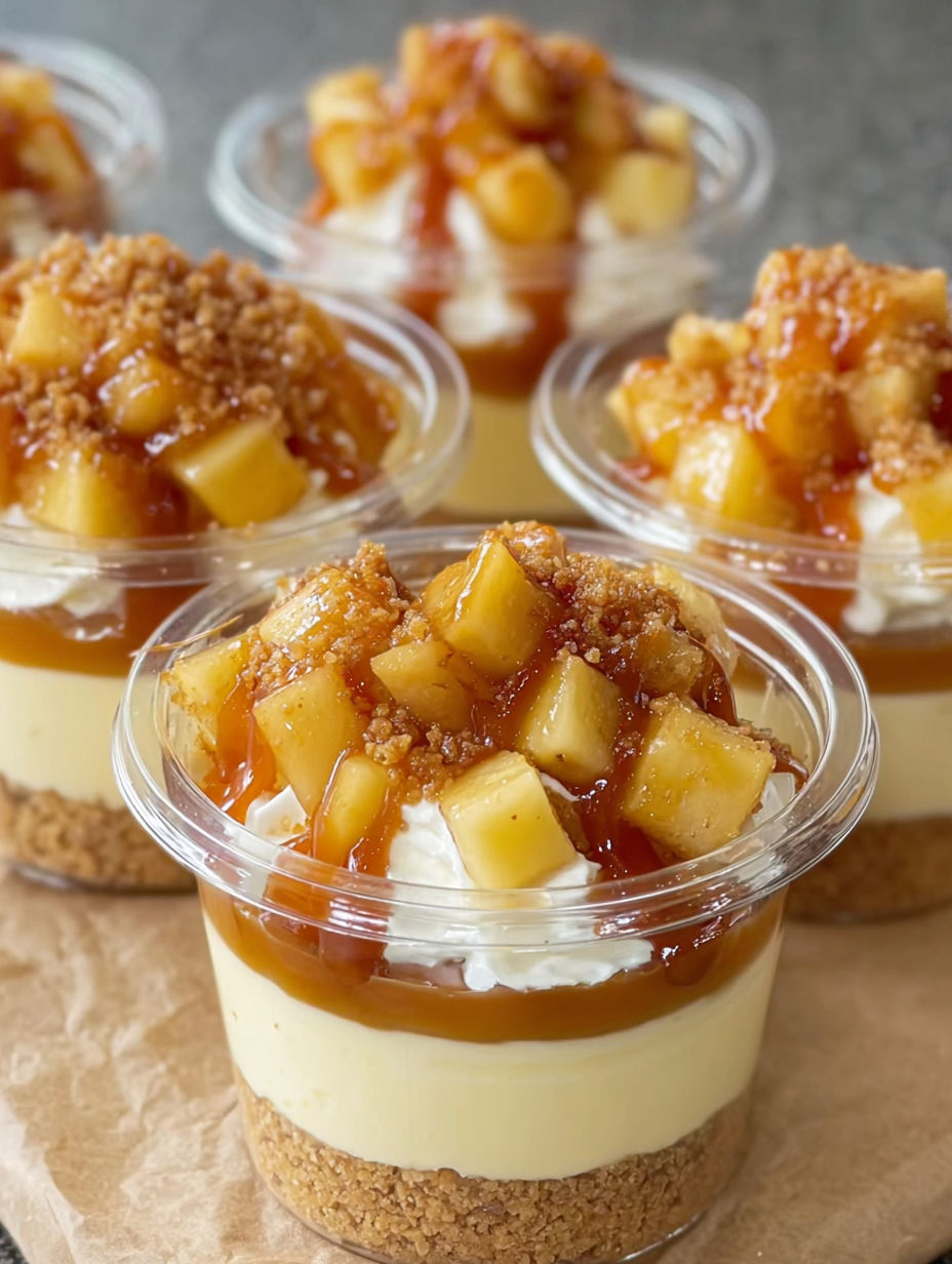 Caramel apple dessert cups in a row.
