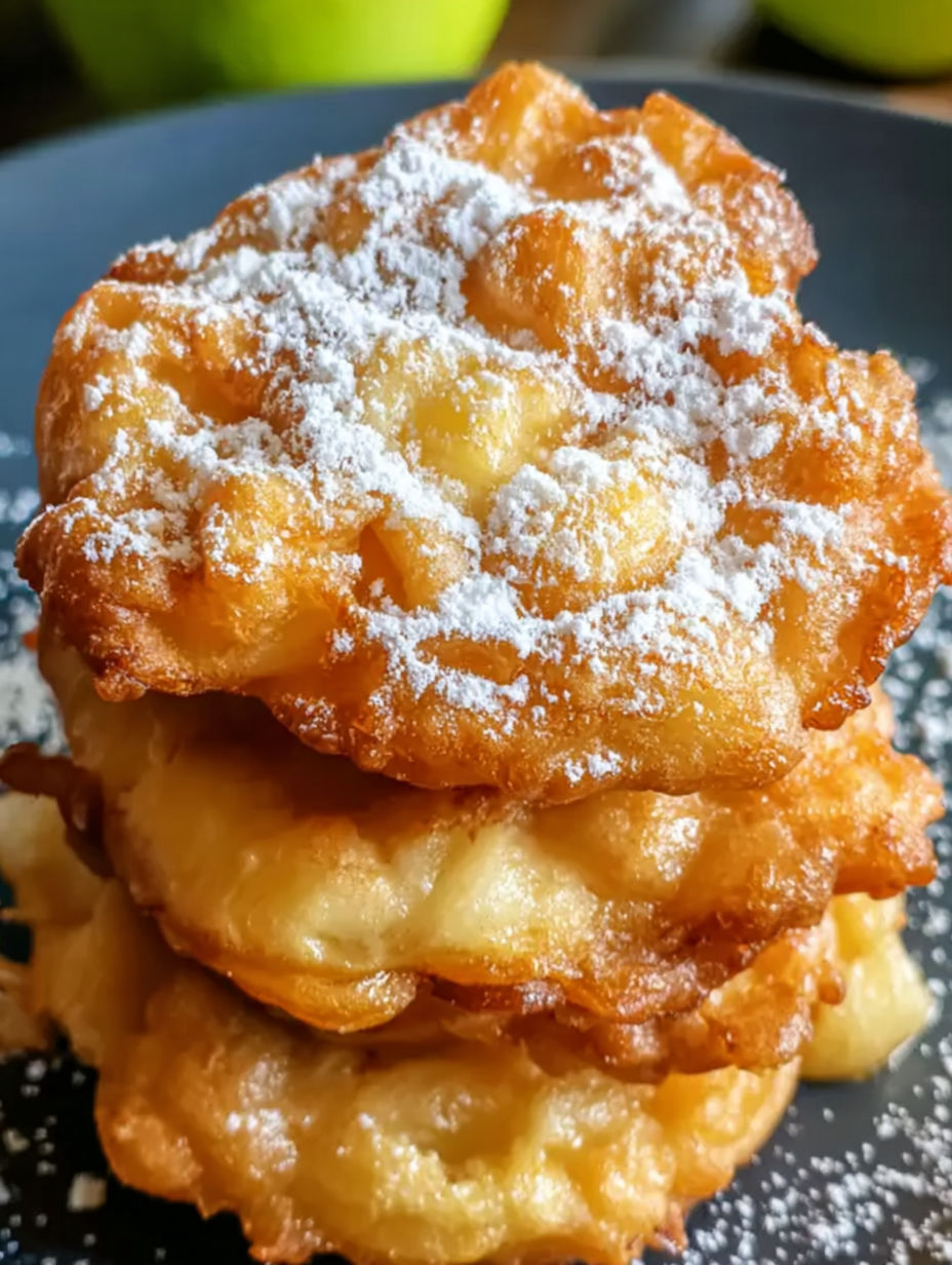 Air fryer apple fritters with powdered sugar.