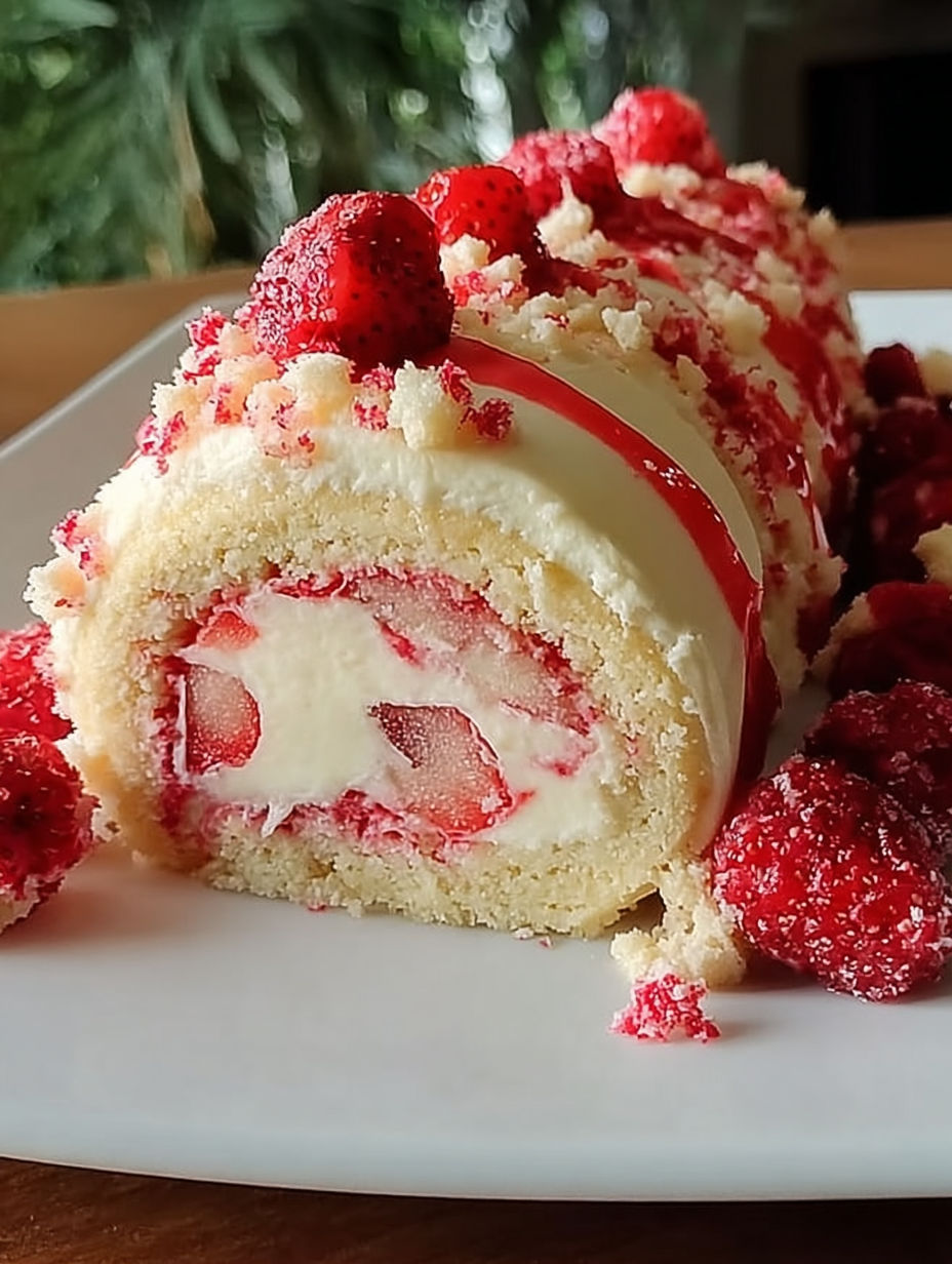 A dessert roll with strawberries and cream.
