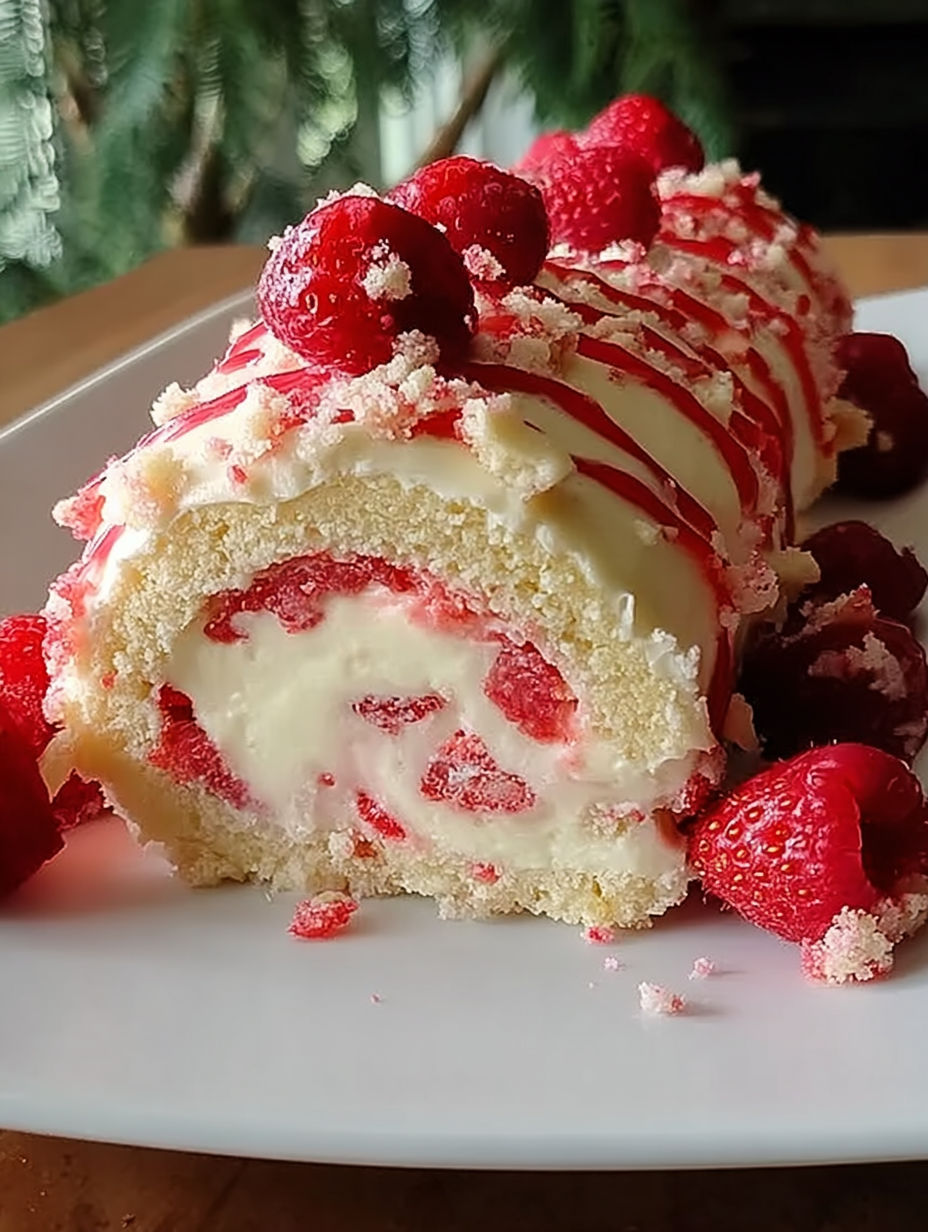 A slice of strawberry shortcake cheesecake dessert sushi rolls.