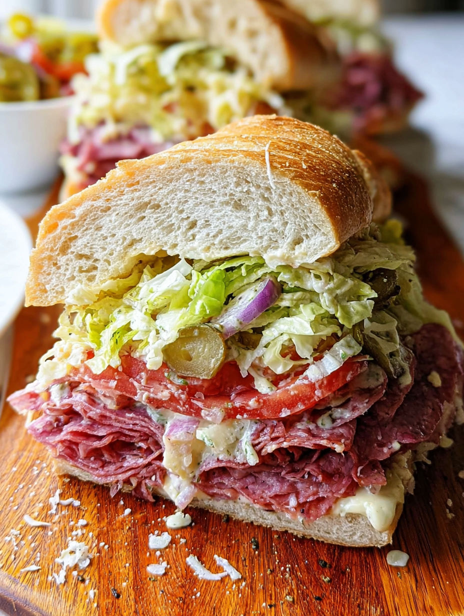 A close up of a meat and veggie sandwich.