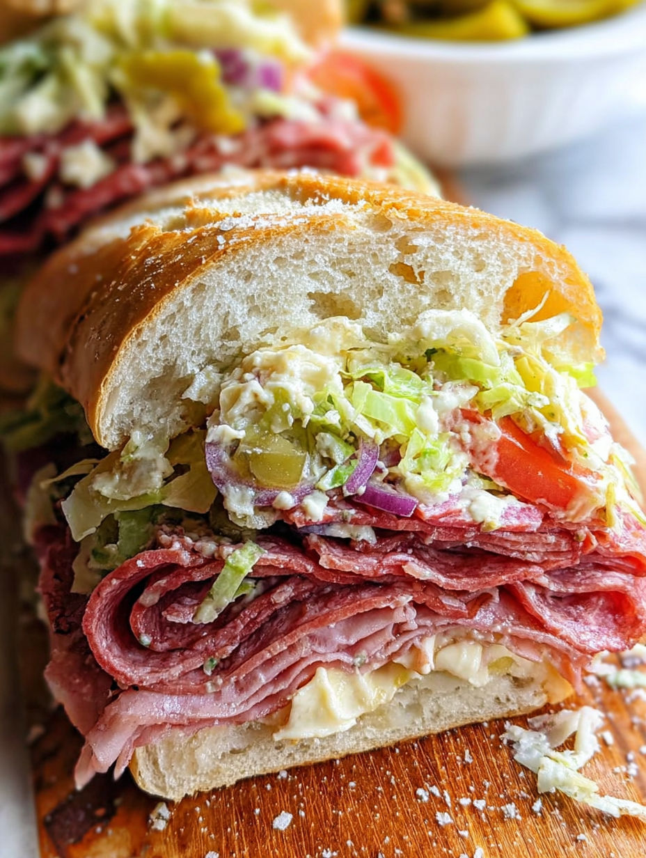 A close up of a meat and veggie sandwich.