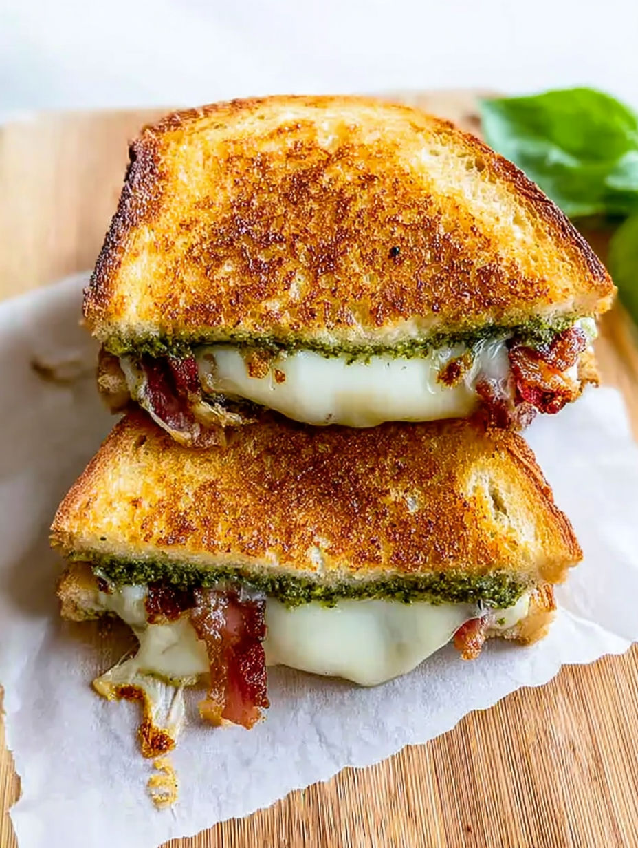 A grilled cheese sandwich with pesto and bacon.