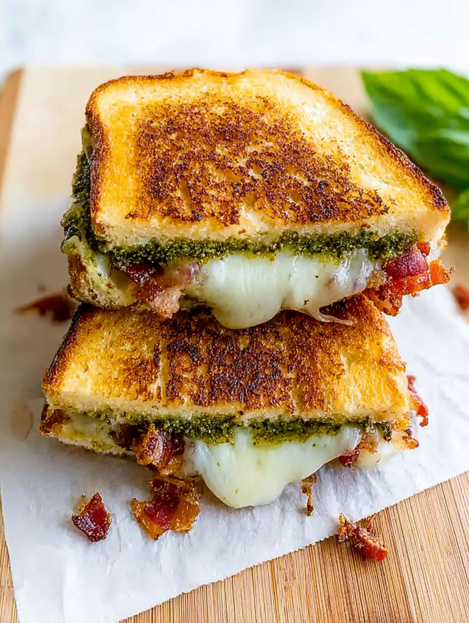 Two pieces of grilled cheese with pesto and bacon.