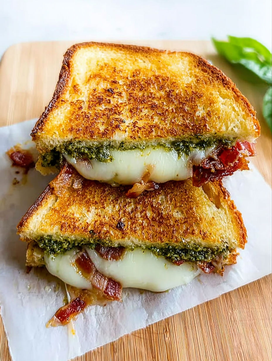 A sandwich with cheese and bacon on it.