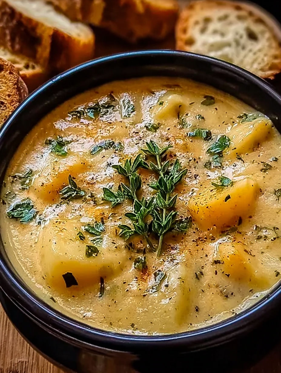 A bowl of soup with a sprig of parsley on top.