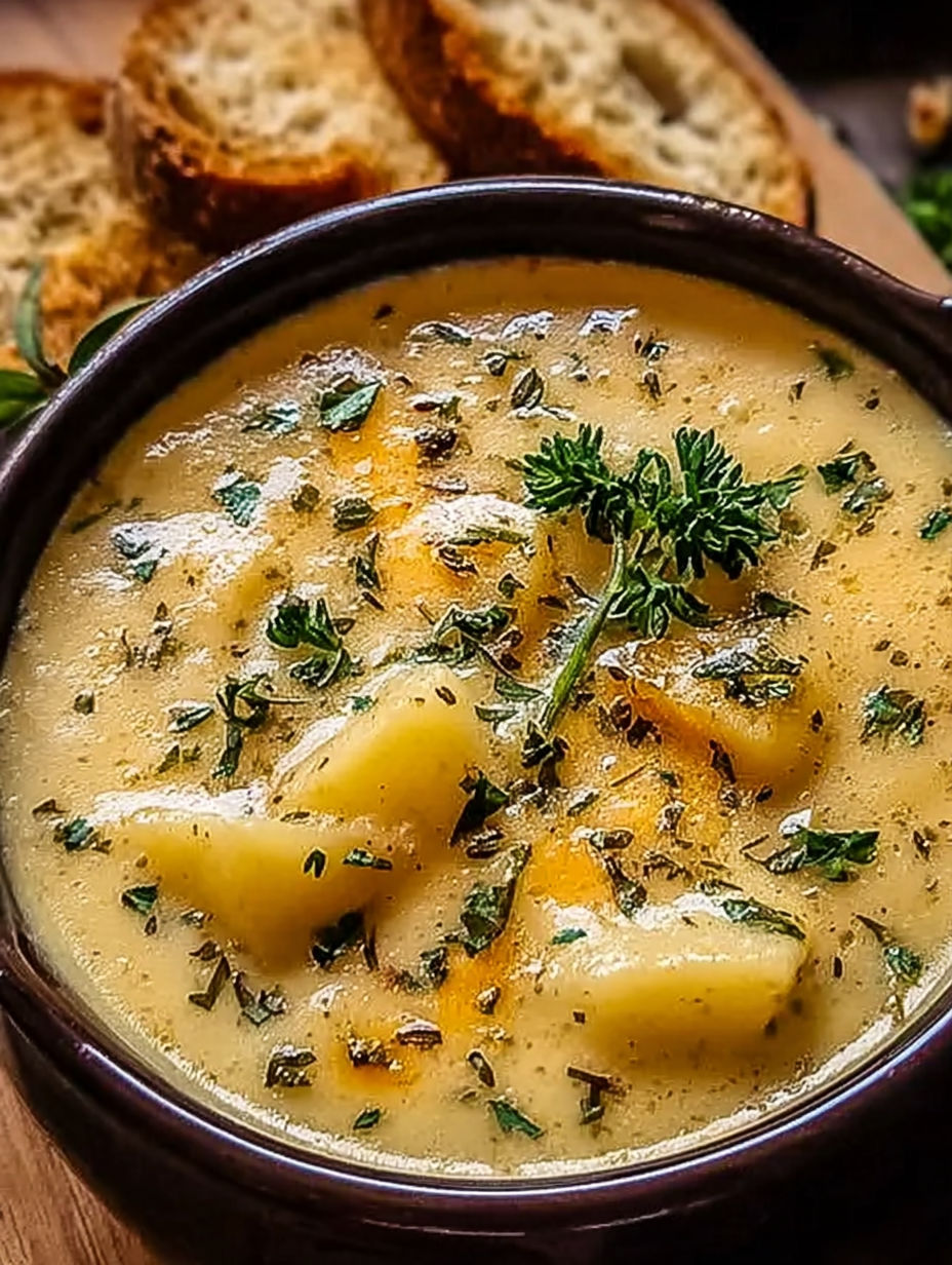 A bowl of soup with a green herb on top.