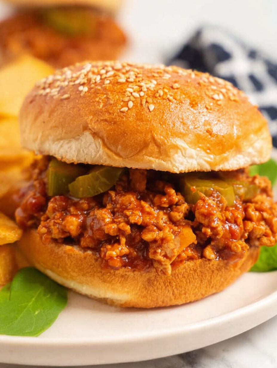 A sloppy joe sandwich with a pickle on top.