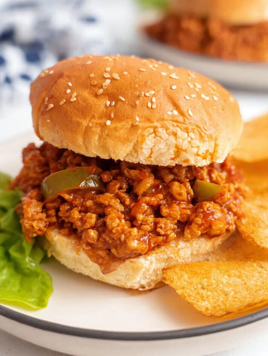 A chicken sloppy joe sandwich with a pickle on the side.