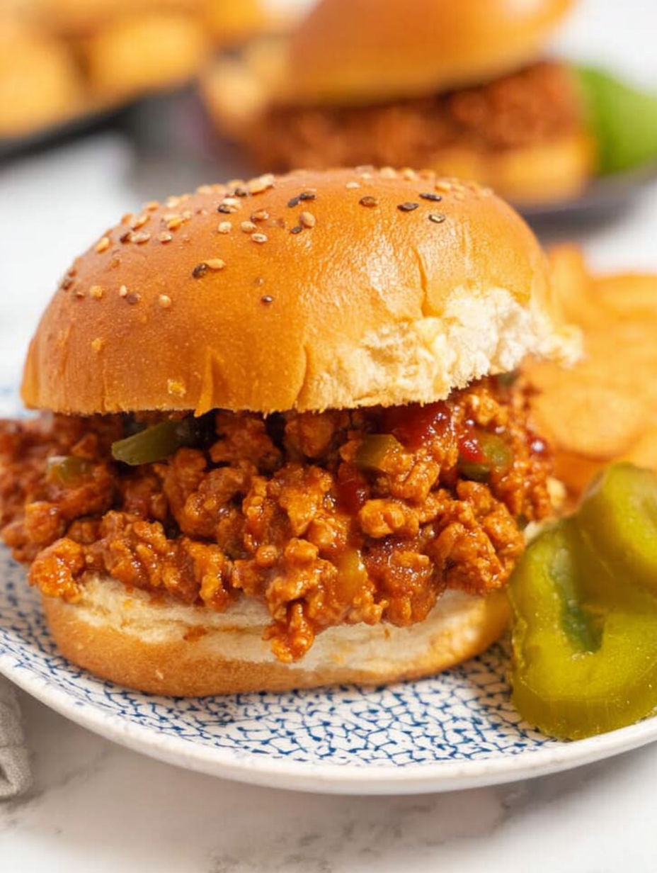 A chicken sloppy joe sandwich on a plate.