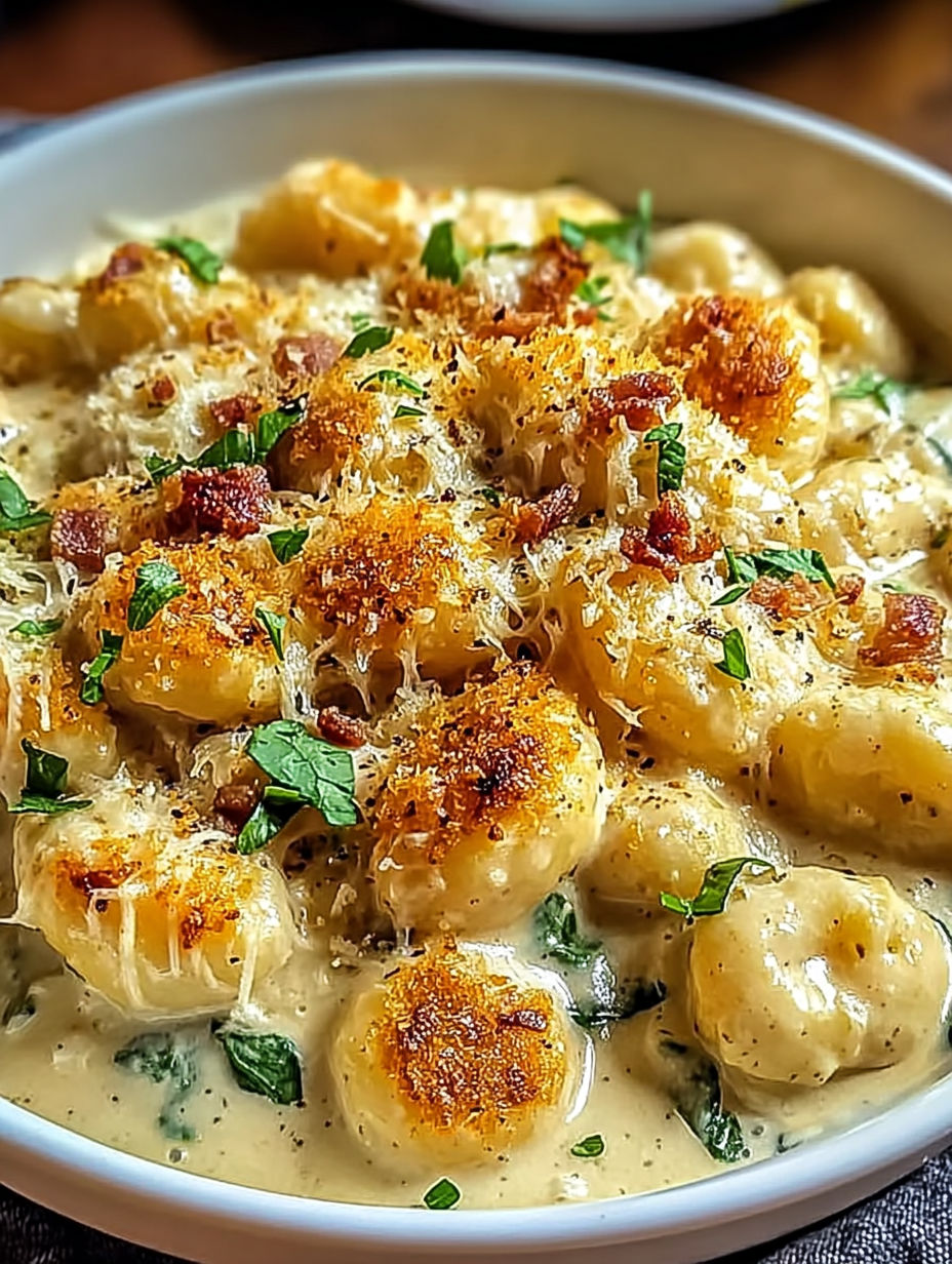 A bowl of creamy crack chicken gnocchi.