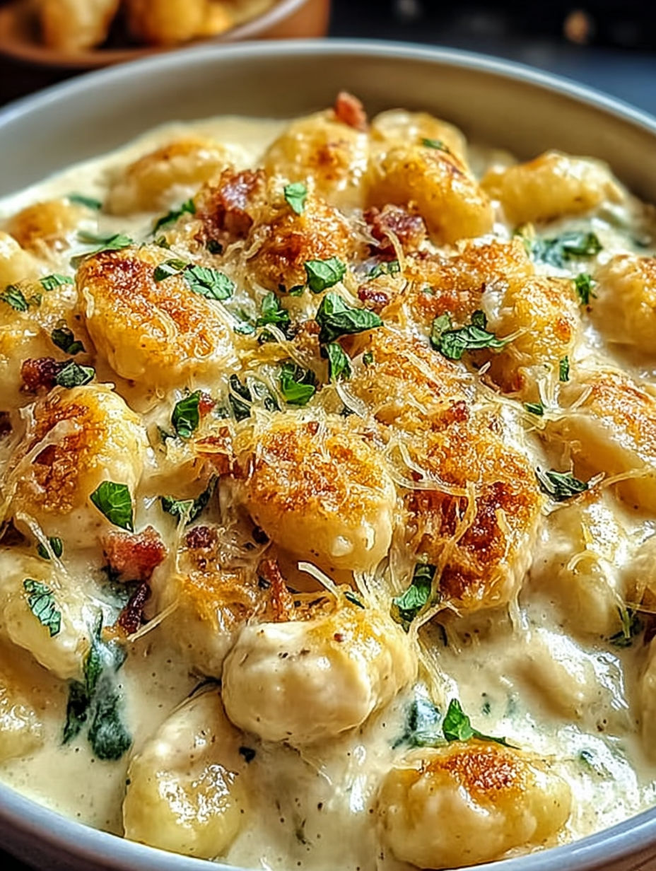 A bowl of creamy crack chicken gnocchi.