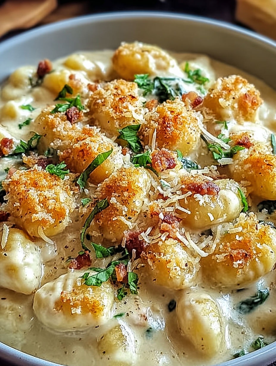 A bowl of creamy crack chicken gnocchi.