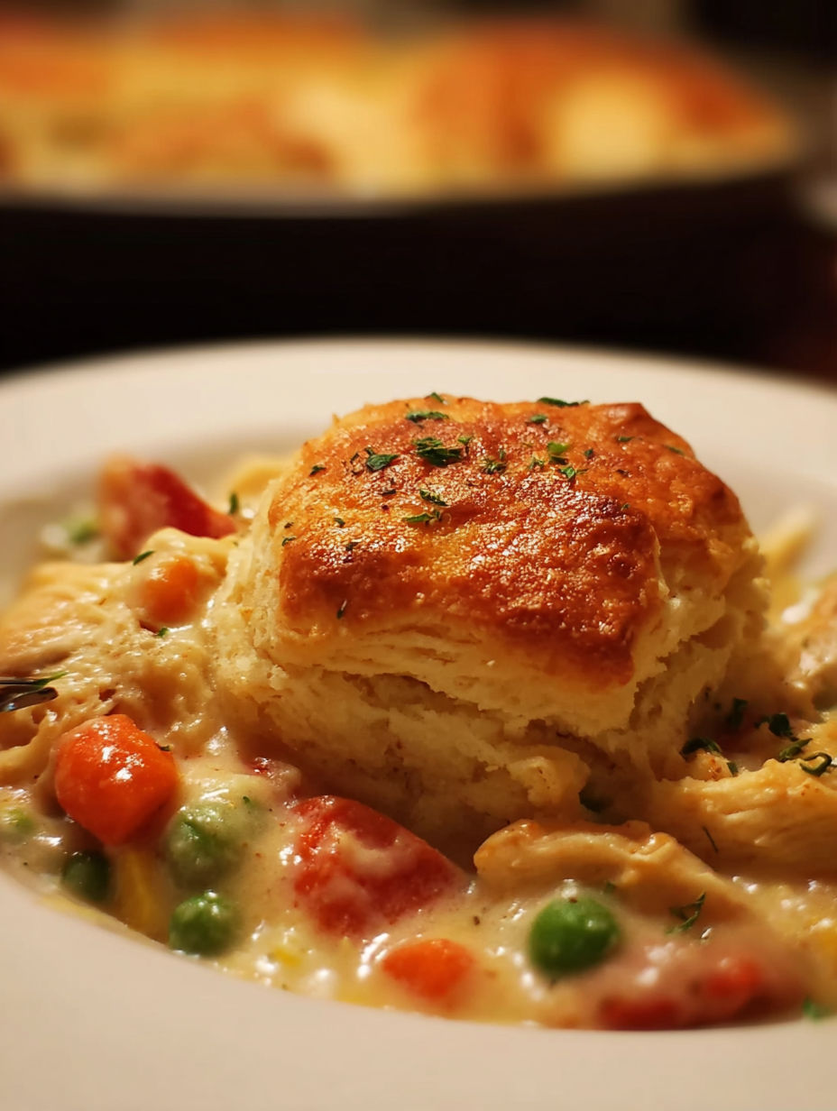 A biscuit chicken pot pie with a biscuit on top.