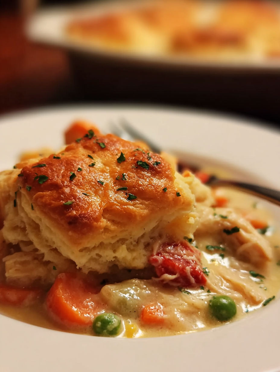 A plate of food with a biscuit and chicken pot pie.