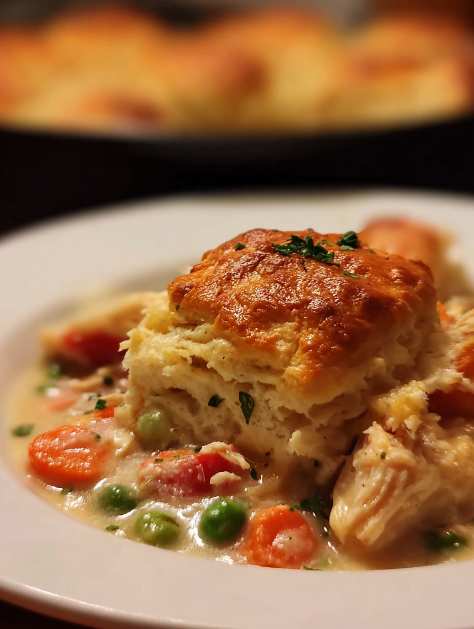 A biscuit chicken pot pie with a biscuit on top.