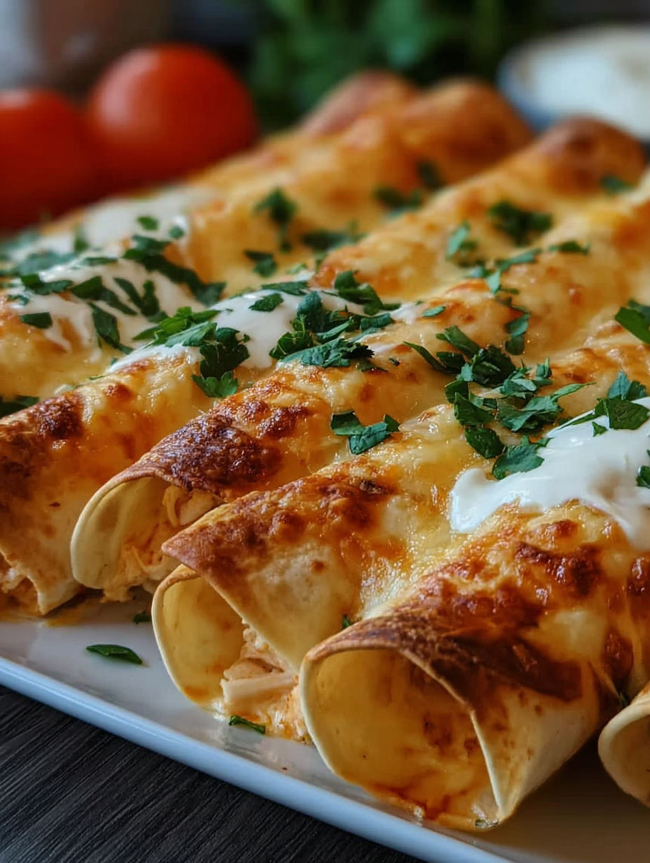 Baked cream cheese chicken taquitos on a plate.