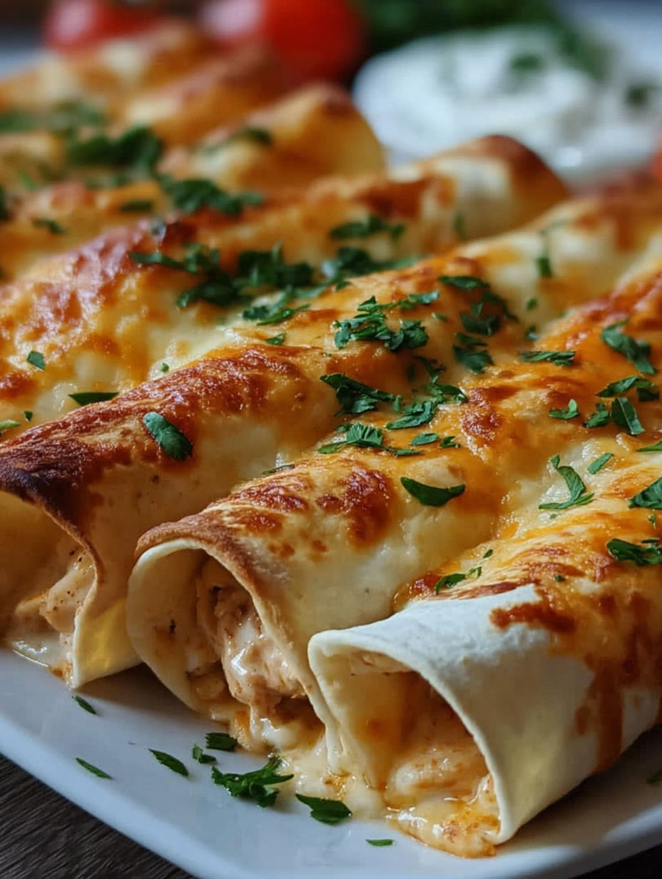 A plate of baked cream cheese chicken taquitos.