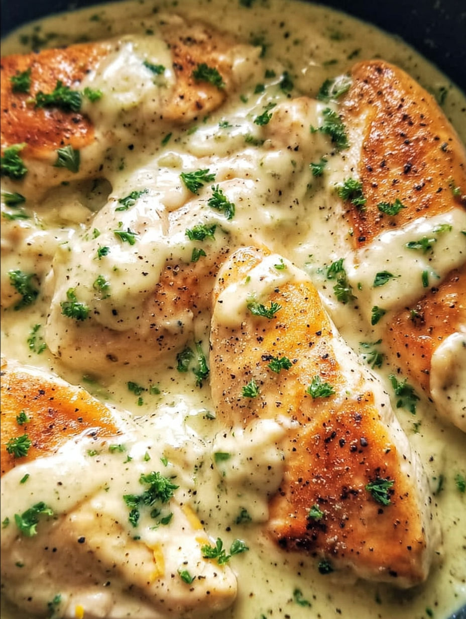 A close up of a creamy crock pot ranch chicken.