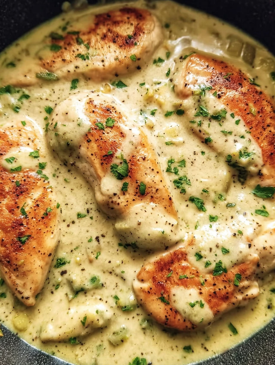 A close up of a creamy crock pot ranch chicken.