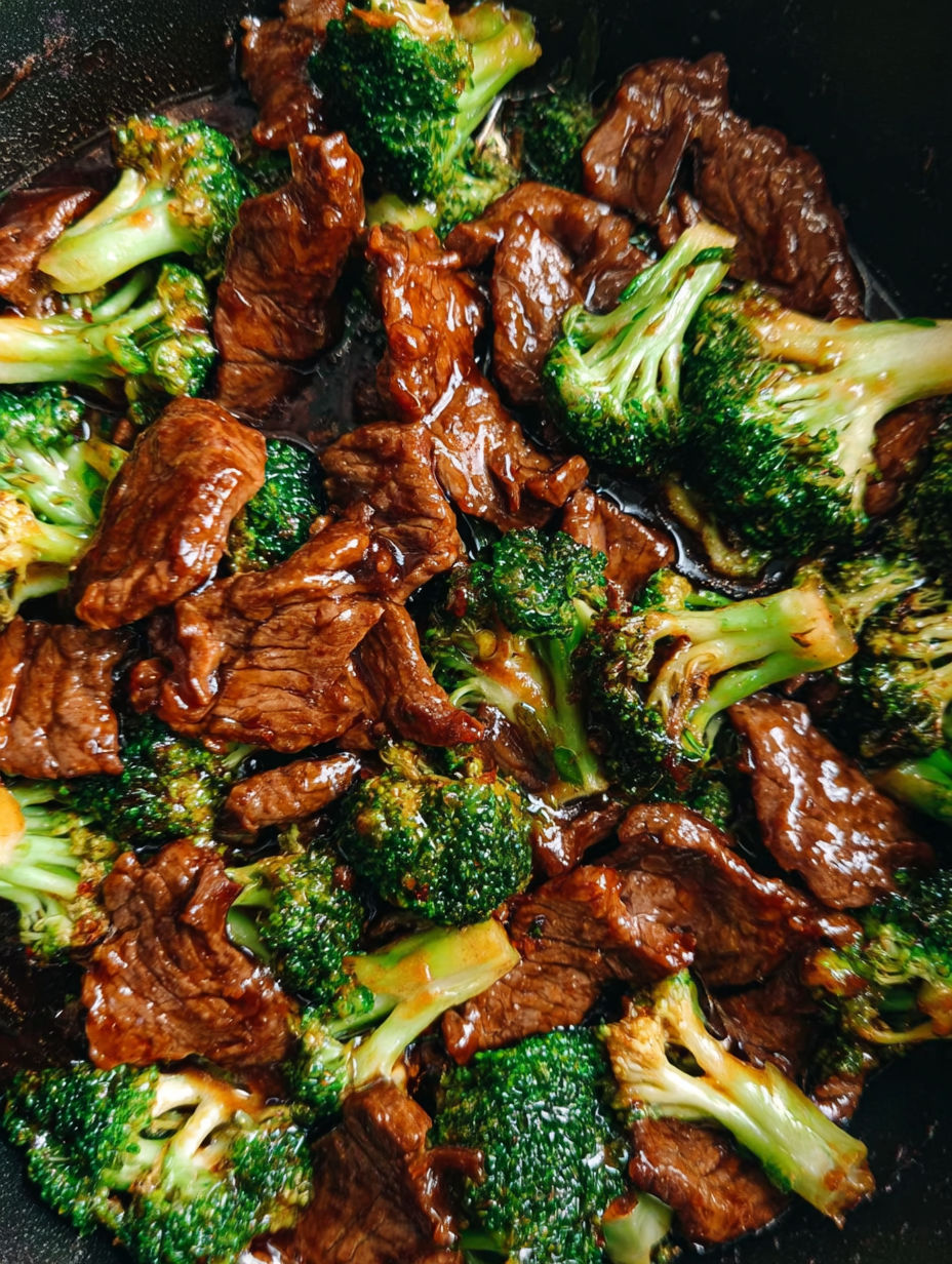 A close up of Chinese beef and broccoli.