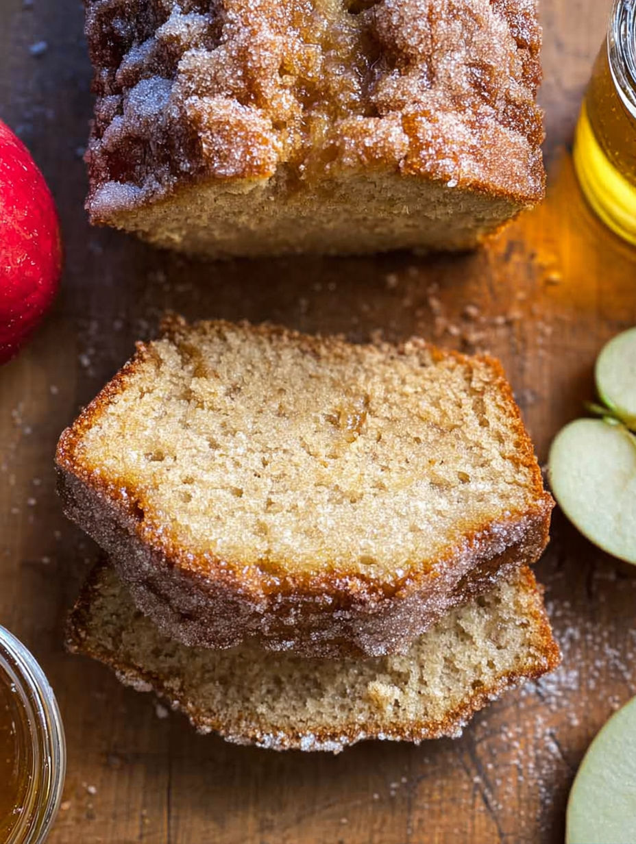 A slice of apple cider donut bread.