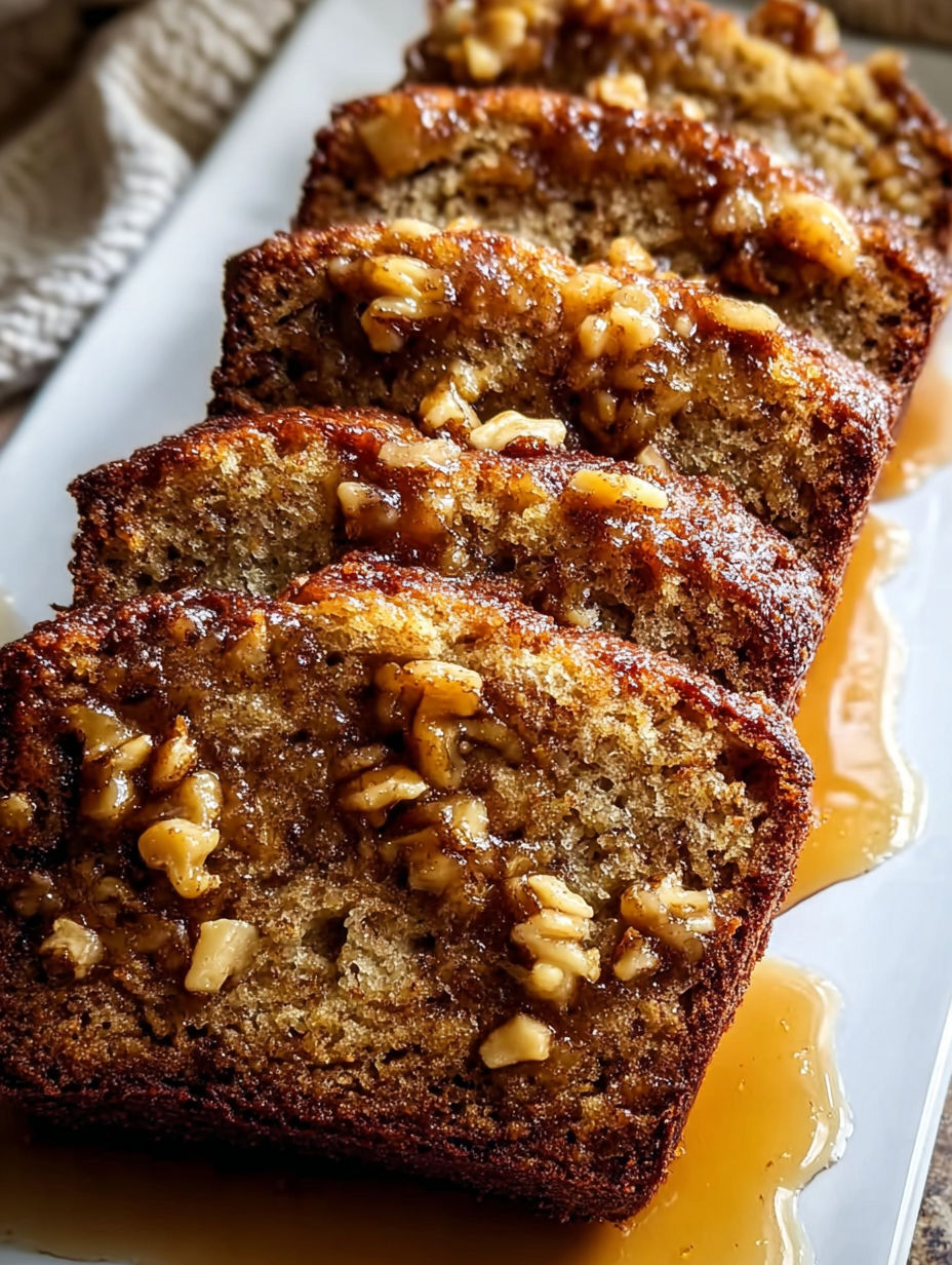 A slice of warm cinnamon-spiced apple bread.