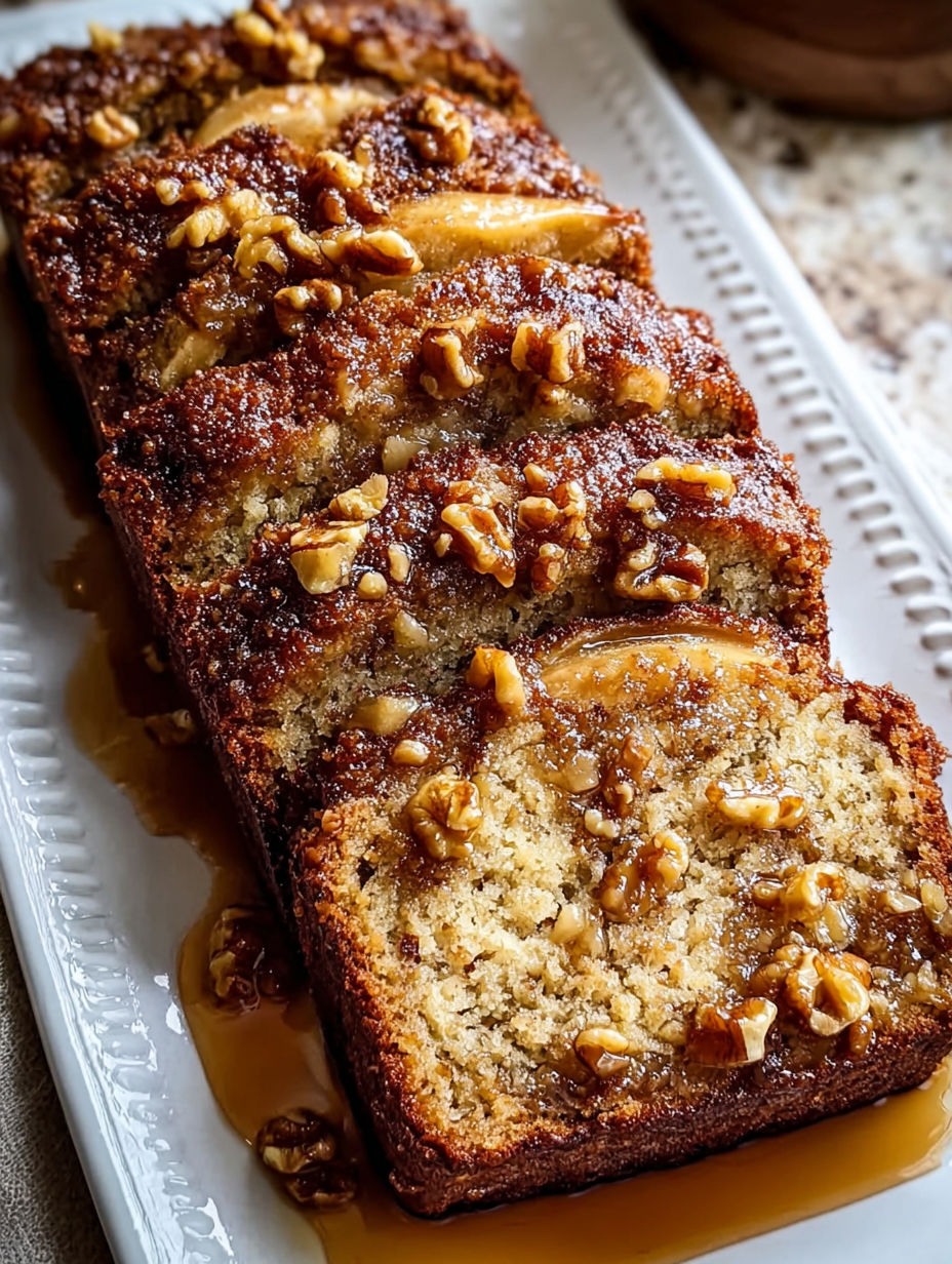 A slice of warm cinnamon-spiced apple bread.