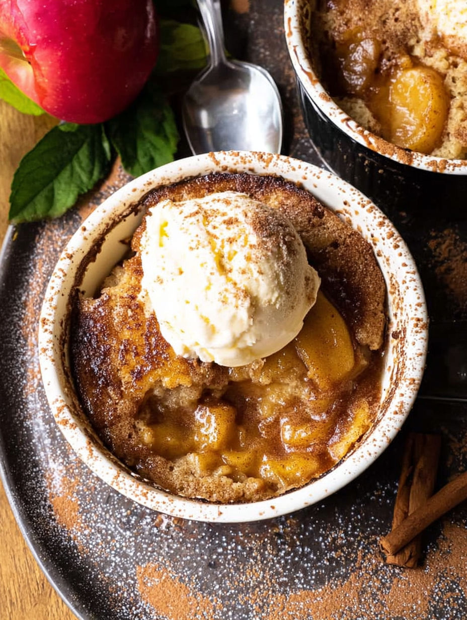 A bowl of buttery apple spice mug cake with a scoop of ice cream on top.