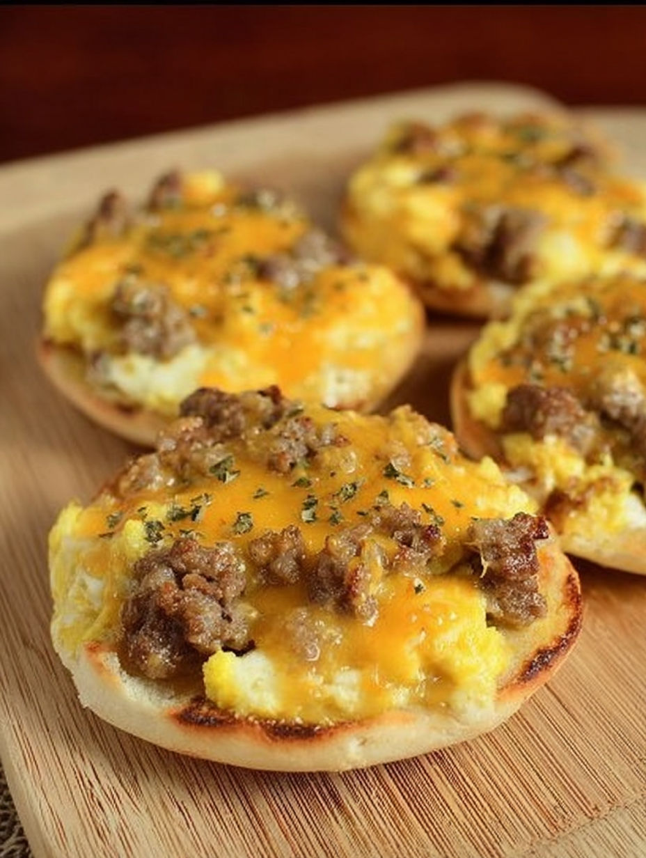 A breakfast pizza with sausage and cheese on top.