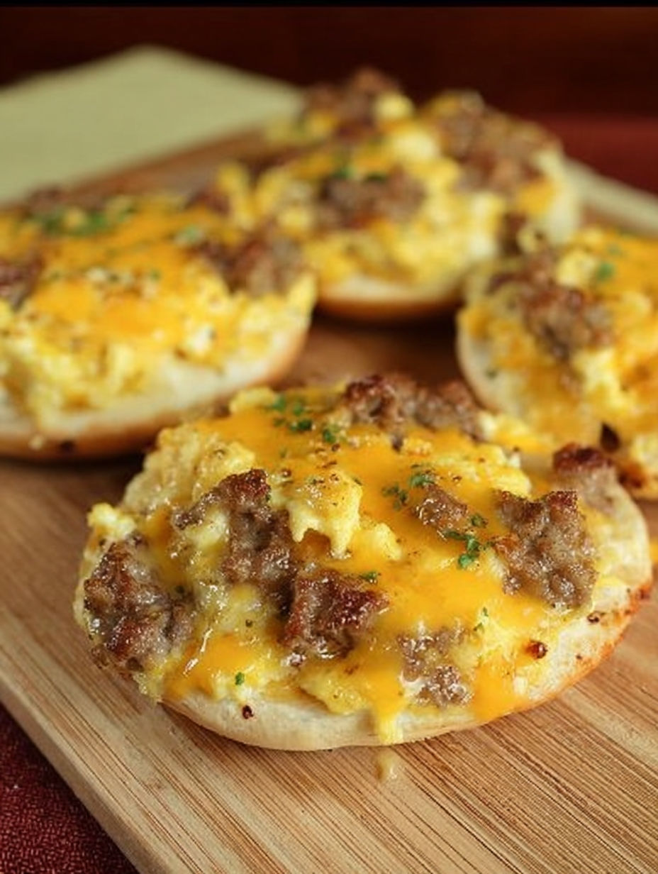 A breakfast pizza with cheese and sausage on top.