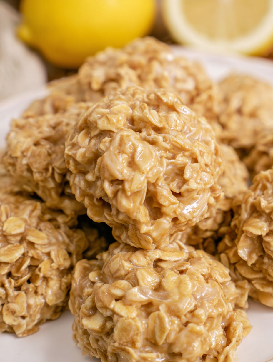 A plate of oatmeal cookies with a lemon wedge on top.