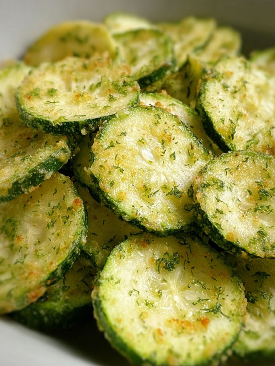 A pile of cucumber chips with herbs on top.