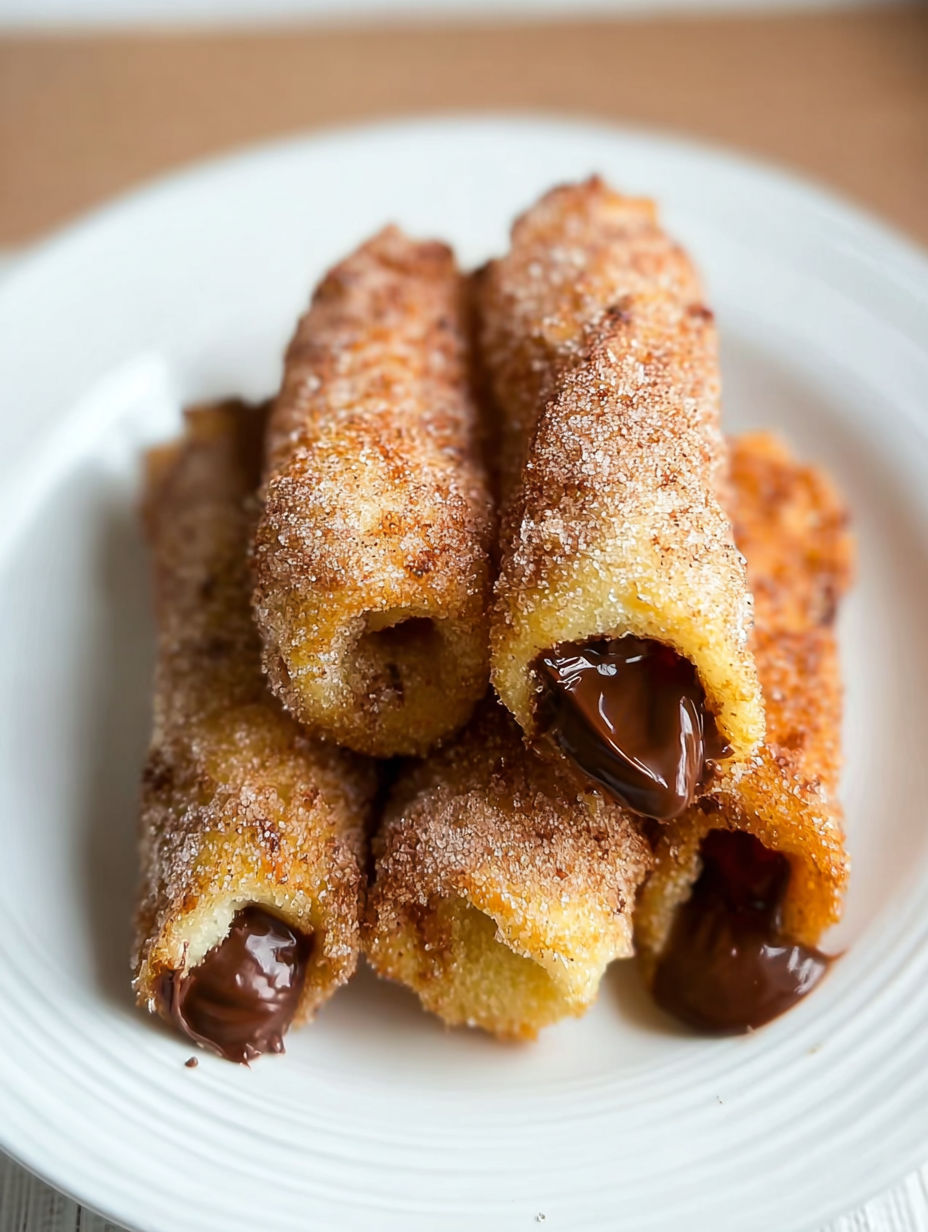 A plate of churro bites with chocolate drizzled on top.