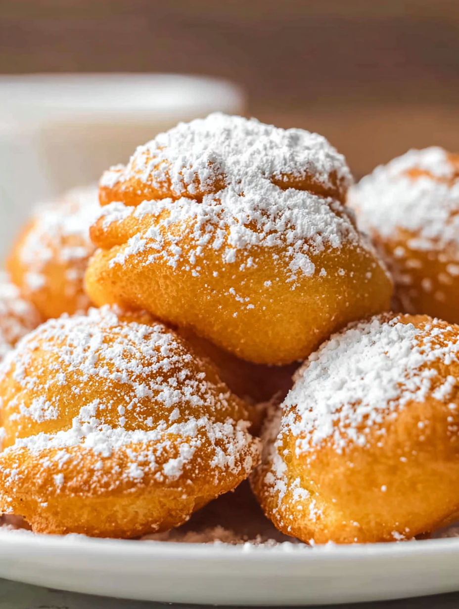A plate of funnel cake bites covered in powdered sugar.