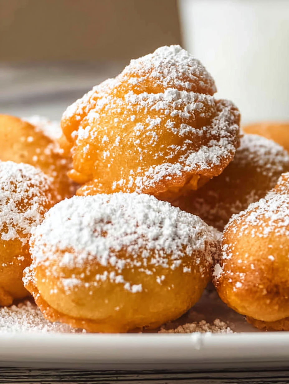A plate of funnel cake bites covered in powdered sugar.