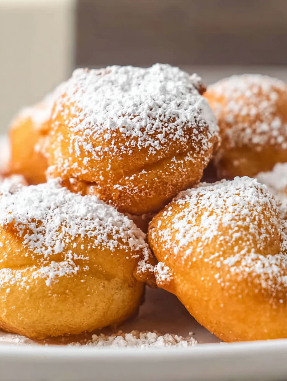 A plate of funnel cake bites covered in powdered sugar.