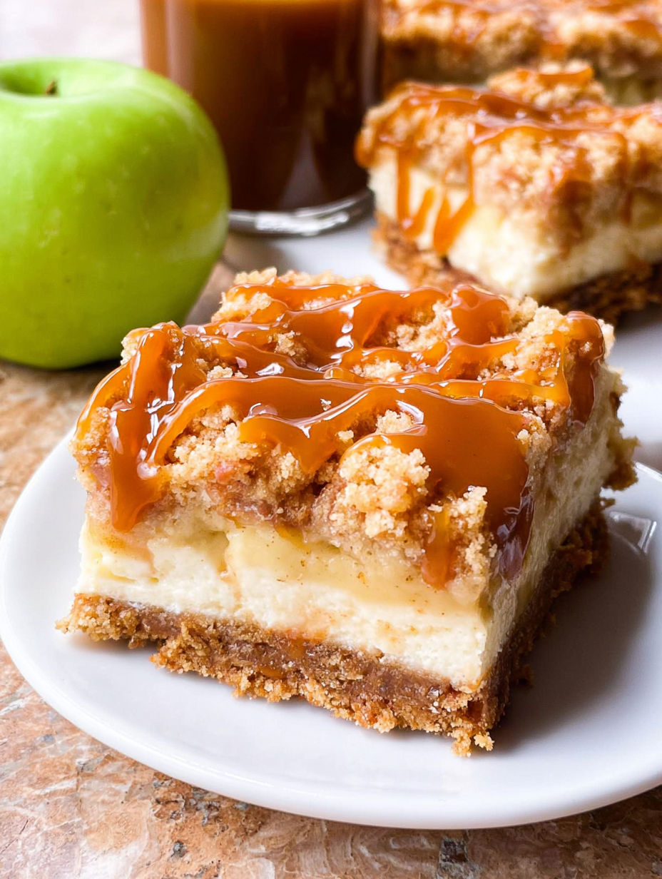 A slice of caramel apple cheesecake bars.